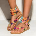 Ethnic beaded petal Roman sandals with artificial PU upper and floral decoration