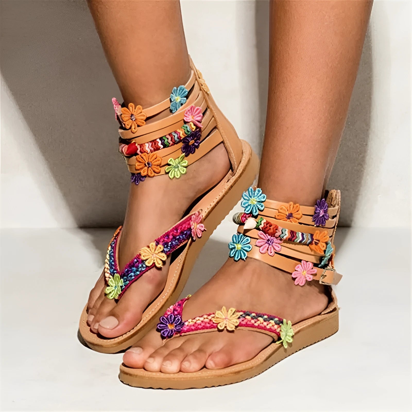 Ethnic beaded petal Roman sandals with artificial PU upper and floral decoration