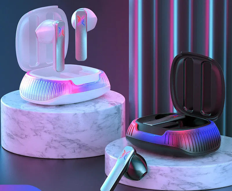 Hall Flashing wireless gaming headset in black or white with earplug design and USB Type-C cable