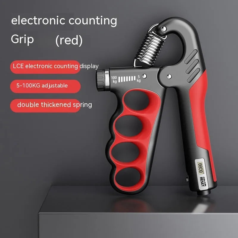 Electronic spring grip hand exerciser with digital counter display in orange colour