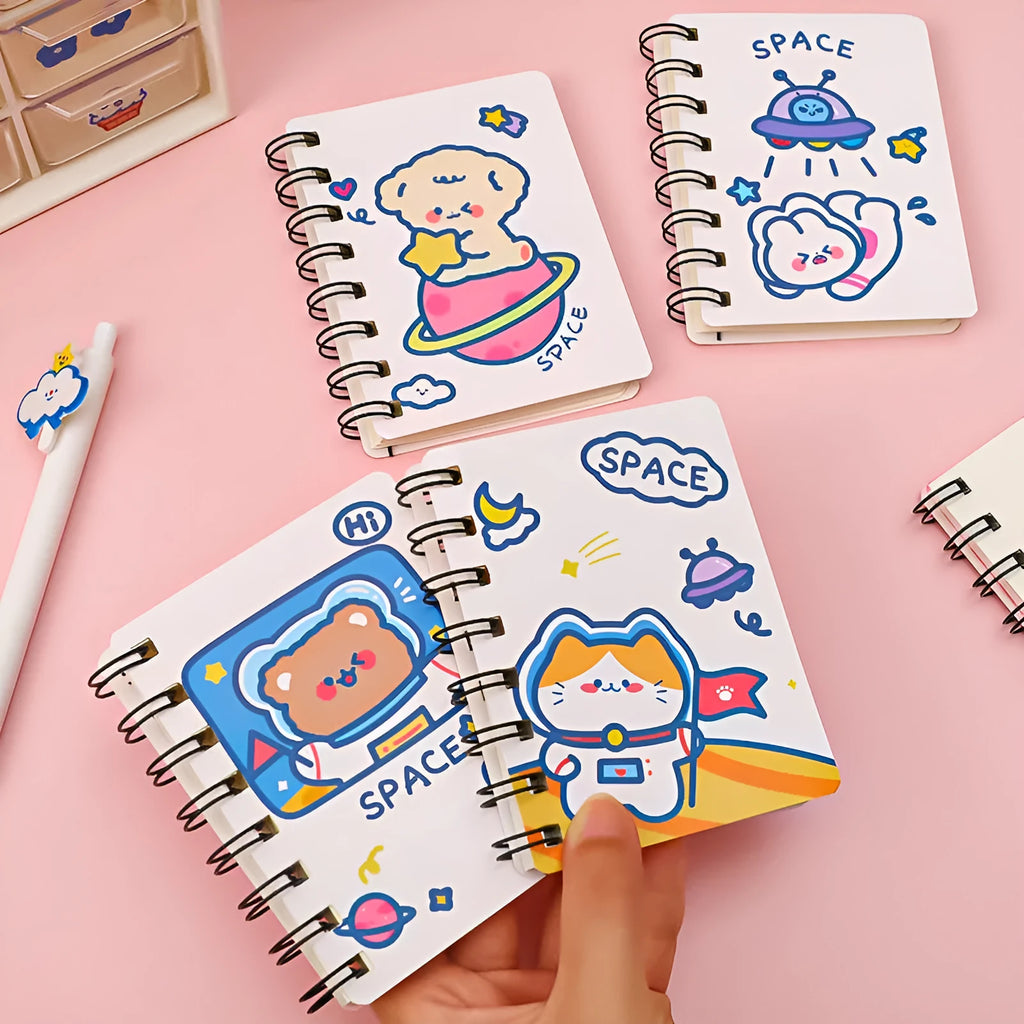 Astronaut series pocket flipper notebook showing compact 10.5x8cm size with space-themed cover design