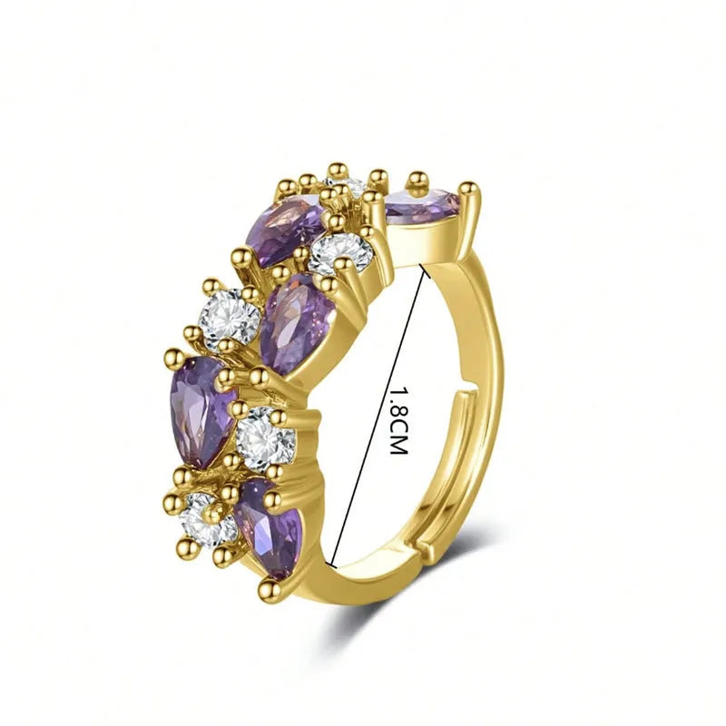Adjustable open ring with heart-shaped zircon stones in gold or silver electroplated copper, unisex design