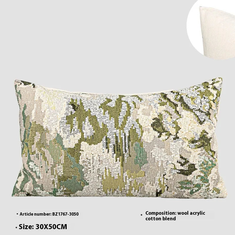 Antique green French-style abstract floral print on a wool blend decorative pillowcase.