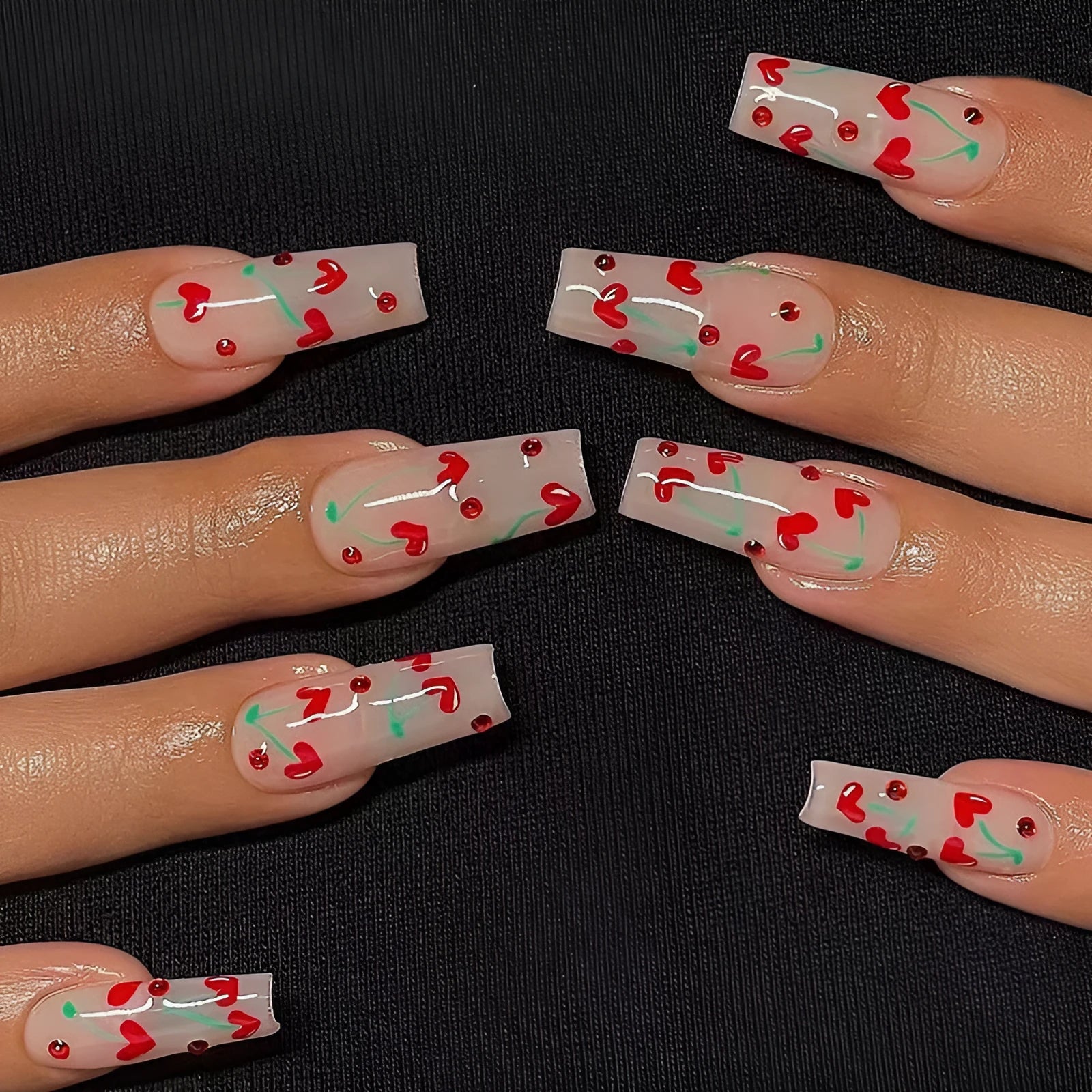 French Love nail armour sheets with small cherry designs in red diamond JP1601 colour