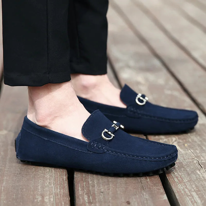 Men's black slip-on leather shoes with square-toe design and matte finish