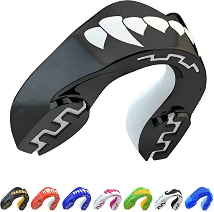 Adult boxing sports mouthguard with printed teeth design in black and white colour.