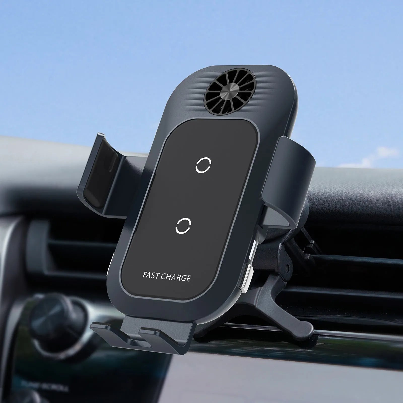 C35 colour car wireless charging phone holder mounted on air vent with phone inserted