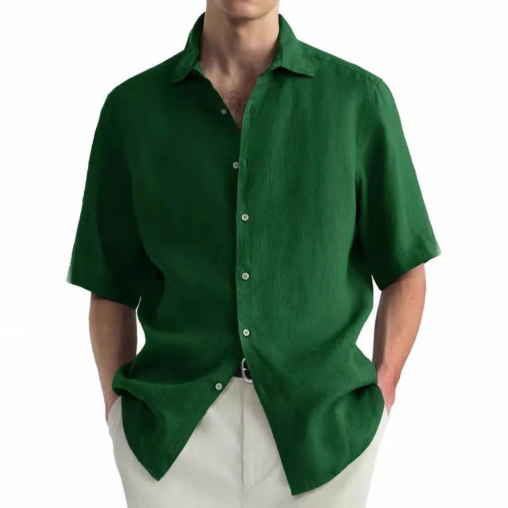 Green men's casual cotton cardigan shirt laid flat, showing regular fit and button front.