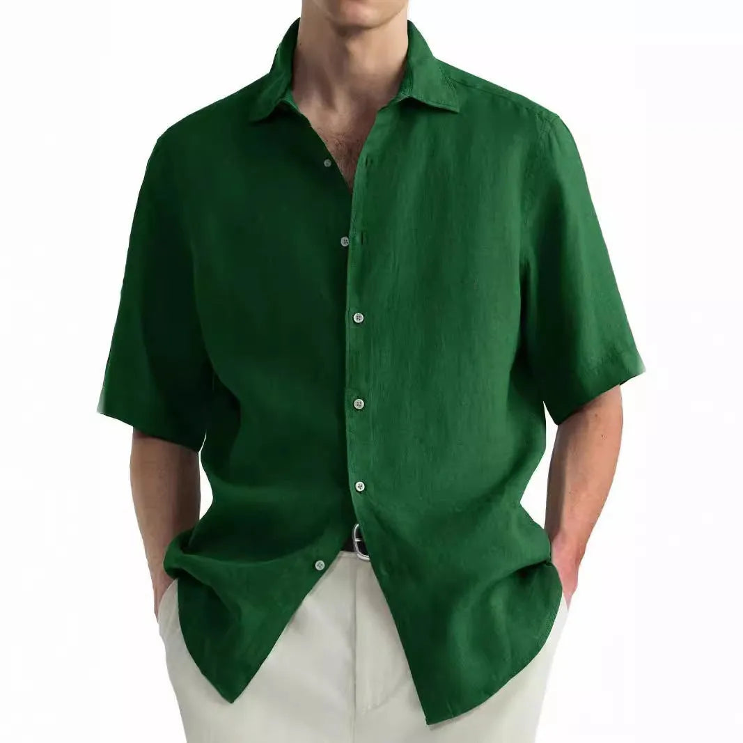 Green men's casual cotton cardigan shirt laid flat, showing regular fit and button front.