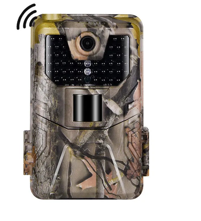Outdoor hunting camera with camouflage finish showing LCD screen and infrared LED array