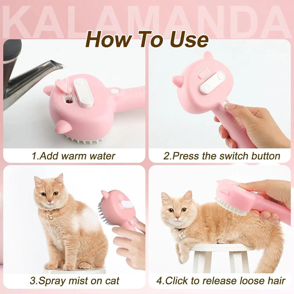 Blue 4-in-1 cat steam brush with soft rubber bristles and a one-click hair release button, shown with ergonomic handle.
