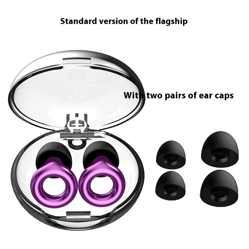 Set of noise reduction sleep earplugs in five colours with storage box and spare ear caps.