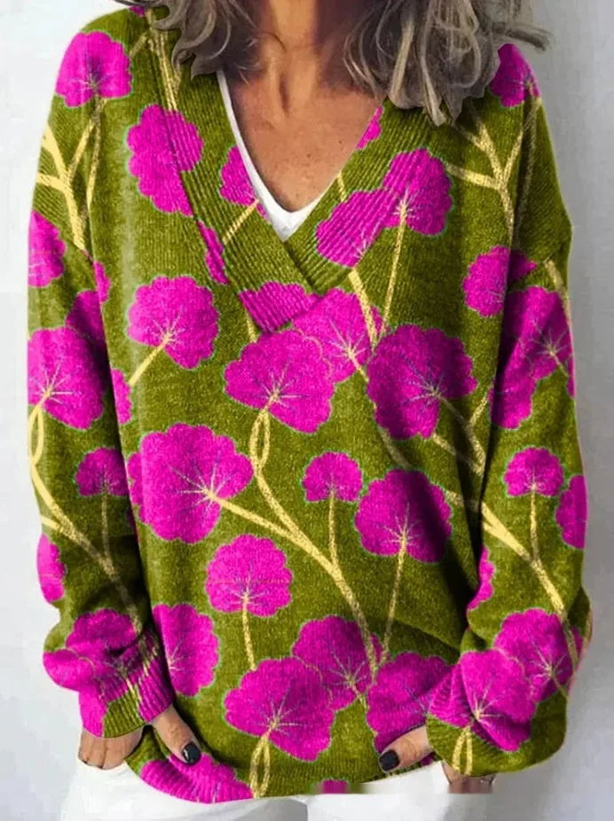 Women's V-neck long sleeve sweatshirt with a raised 3D floral pattern in an art retro style.