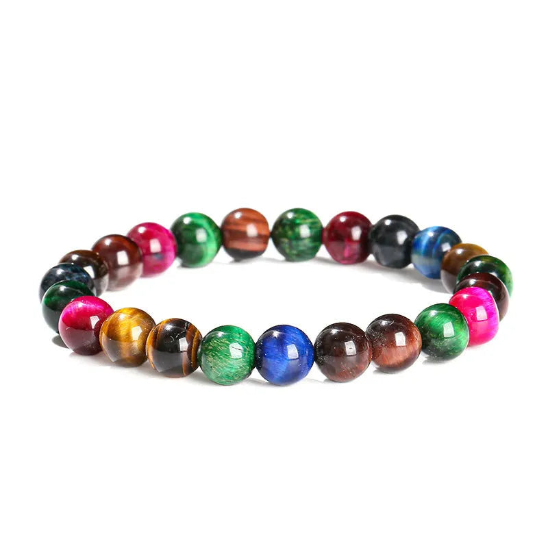 Geometric colourful Tiger Eye gemstone bracelet showing mixed natural colours on a string, available in multiple bead sizes.