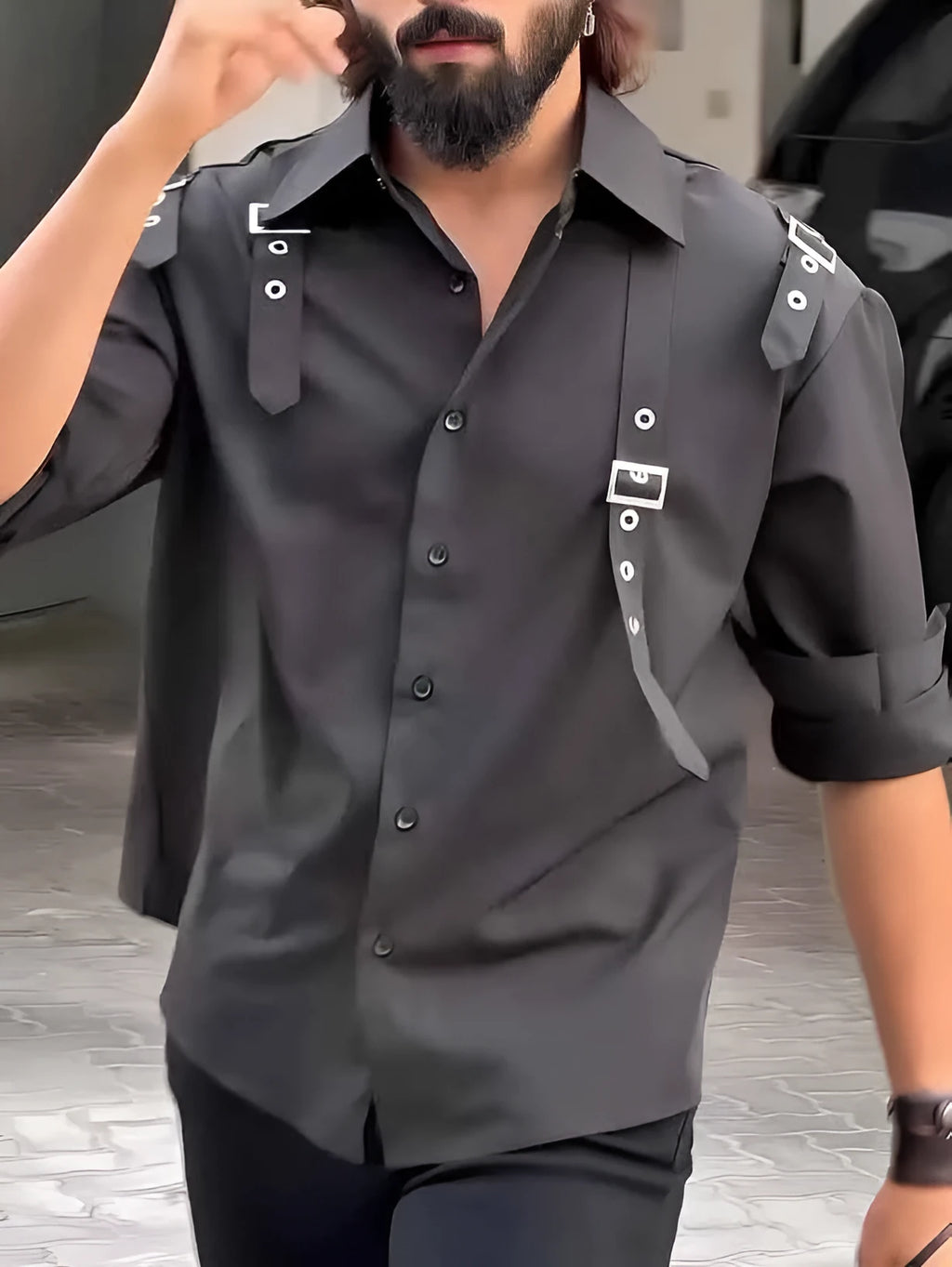 Men's black utility button-up shirt with regular fit design on a plain background