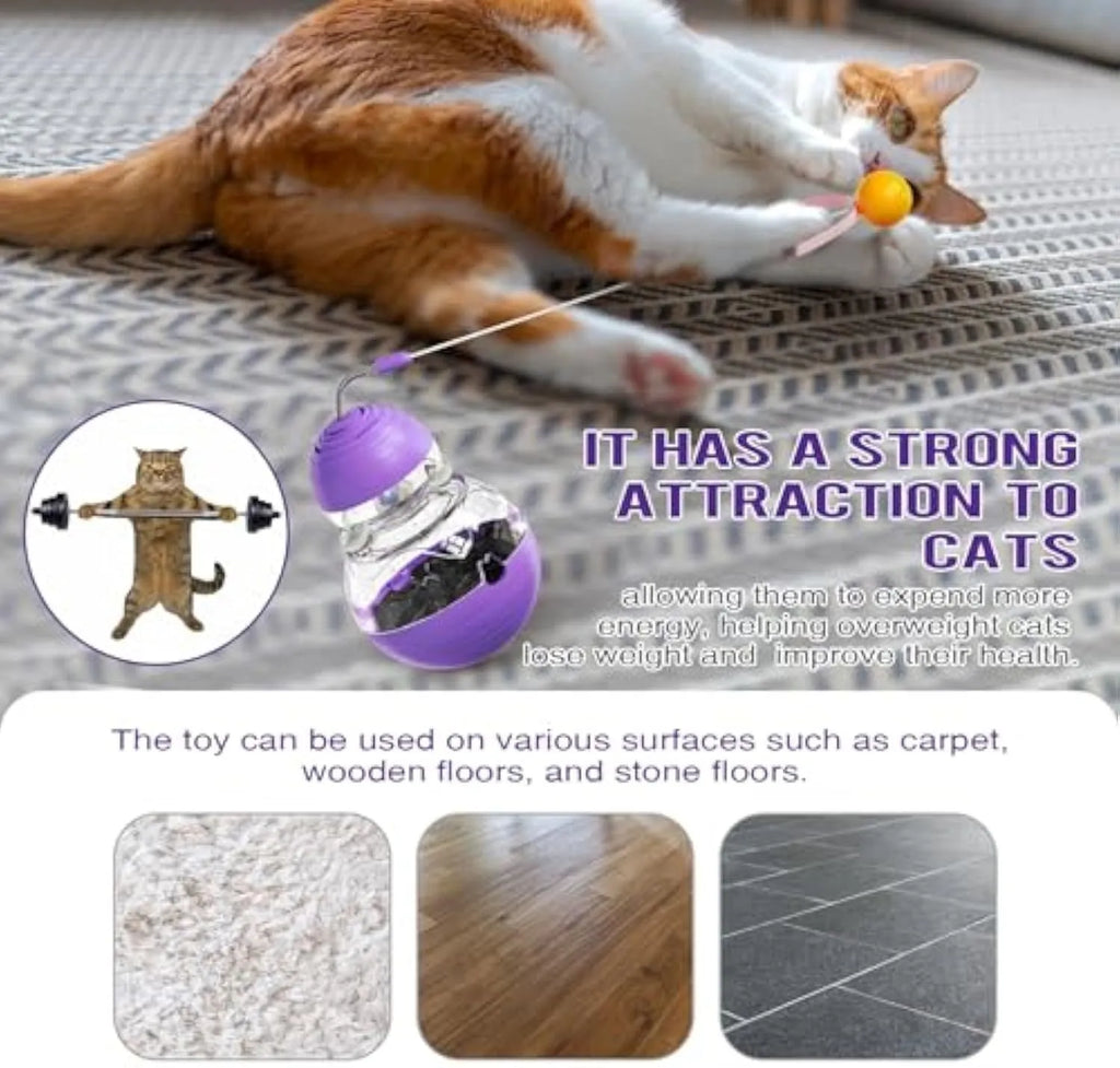 Interactive cat wand toy with rocking base, teaser attachment, and food dispenser in pink, purple or yellow colours