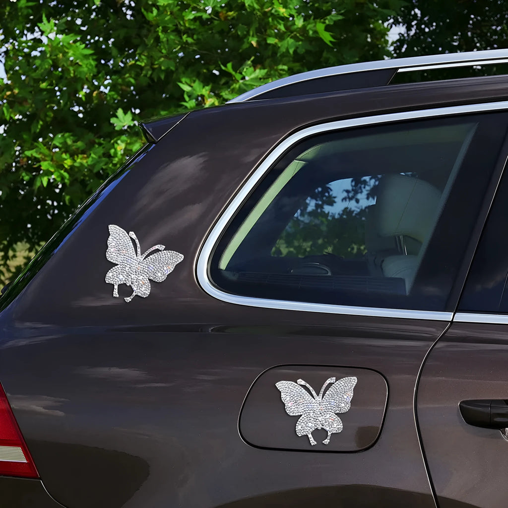 White diamond drill finish car sticker showing butterfly and bear paw design options on glass.