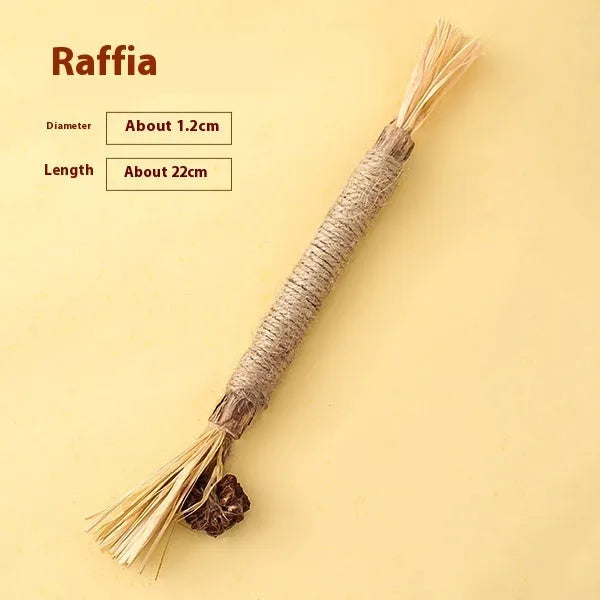 Wooden cat teeth grinding rod toy showing its 2.2cm thickness, with examples of the Lafite grass and chicken feather style variants.