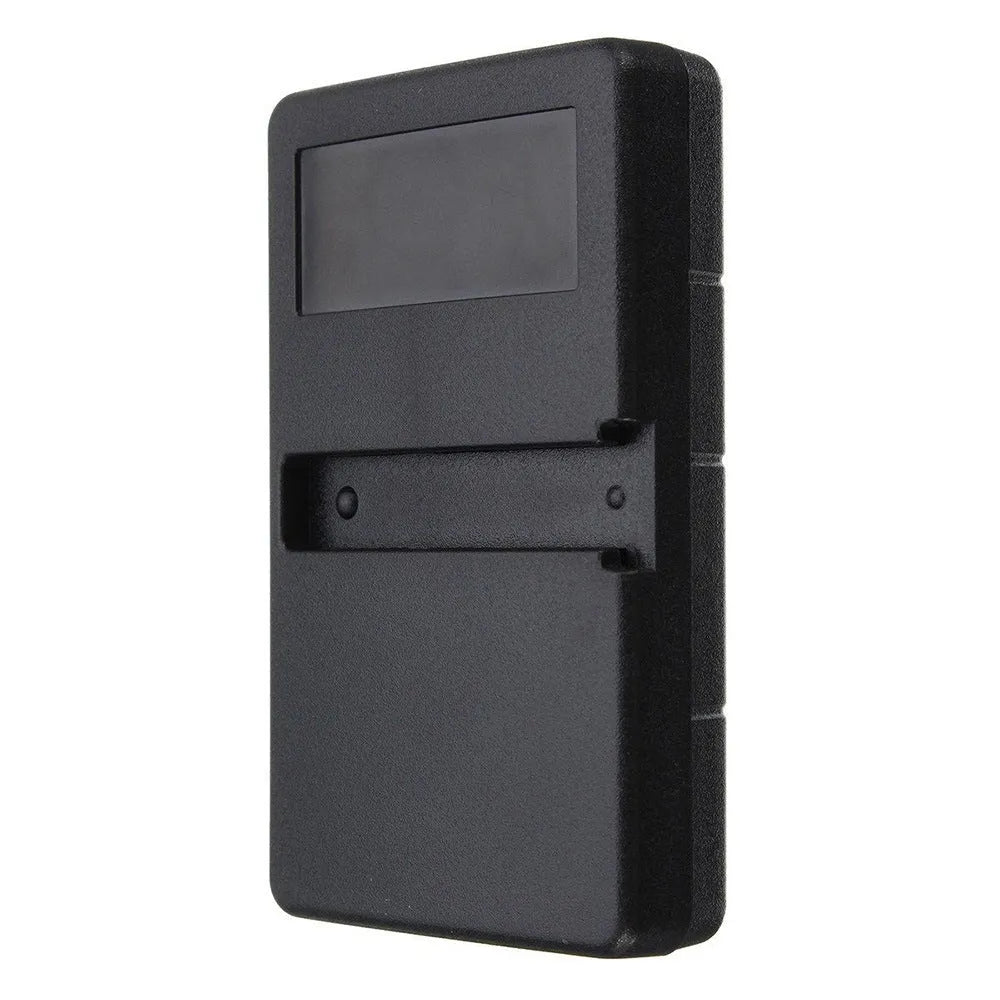 Black three-button garage door remote control showing front view with dimensions 80x47x17mm
