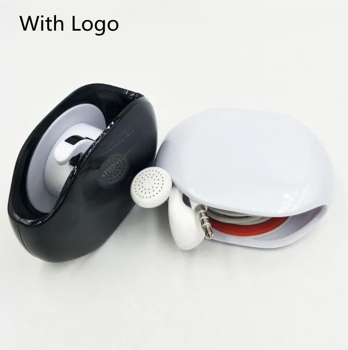 Automatic earphone cable winder retractor in various colours on a white background.