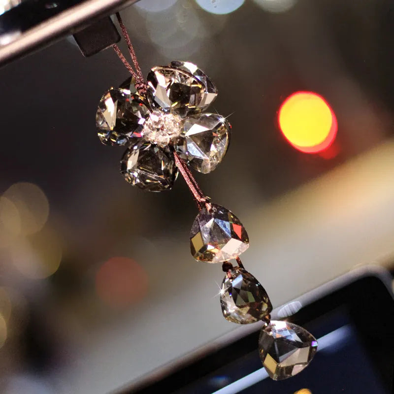Crystal four leaf grass car pendant approximately 20cm long in transparent colour variation
