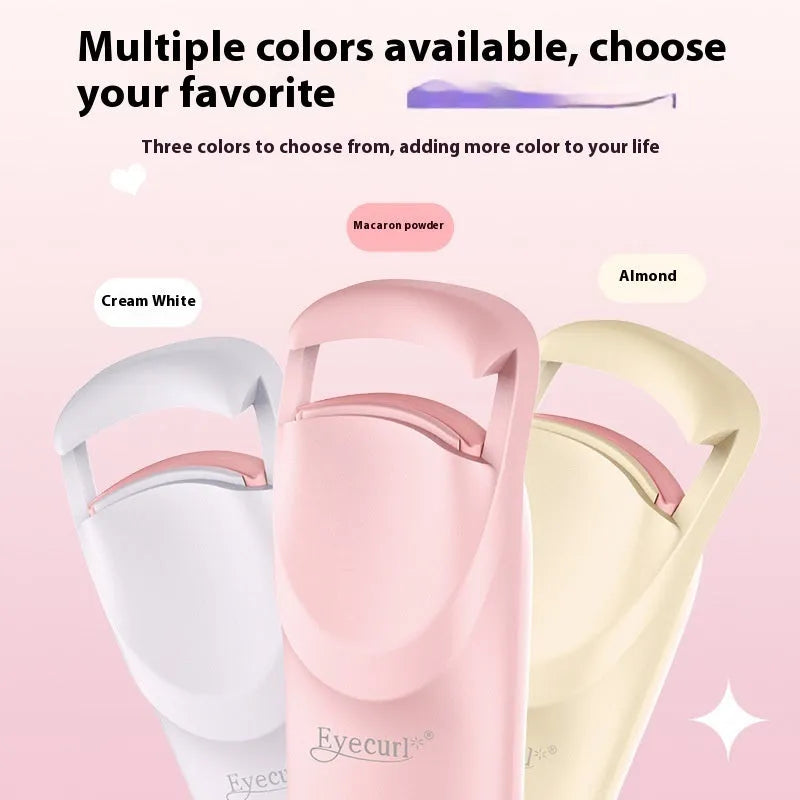 USB-C rechargeable electric eyelash curler in cream white, maca pink, or vanilla apricot colour with ceramic heating plate.
