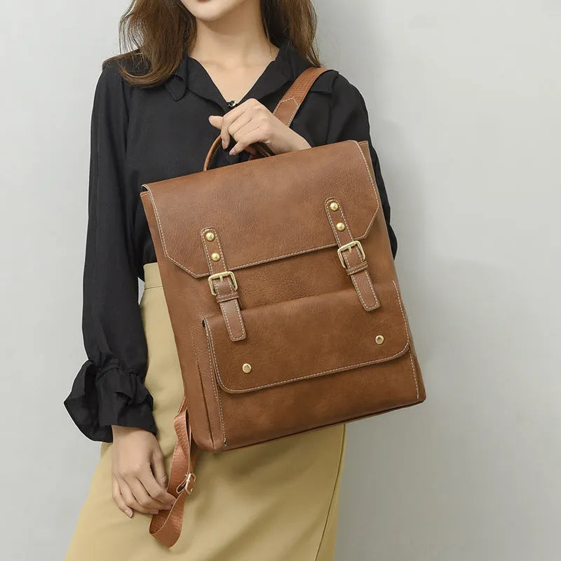 Korean style soft PU retro backpack shown in black, brown, creamy white, and dark brown.