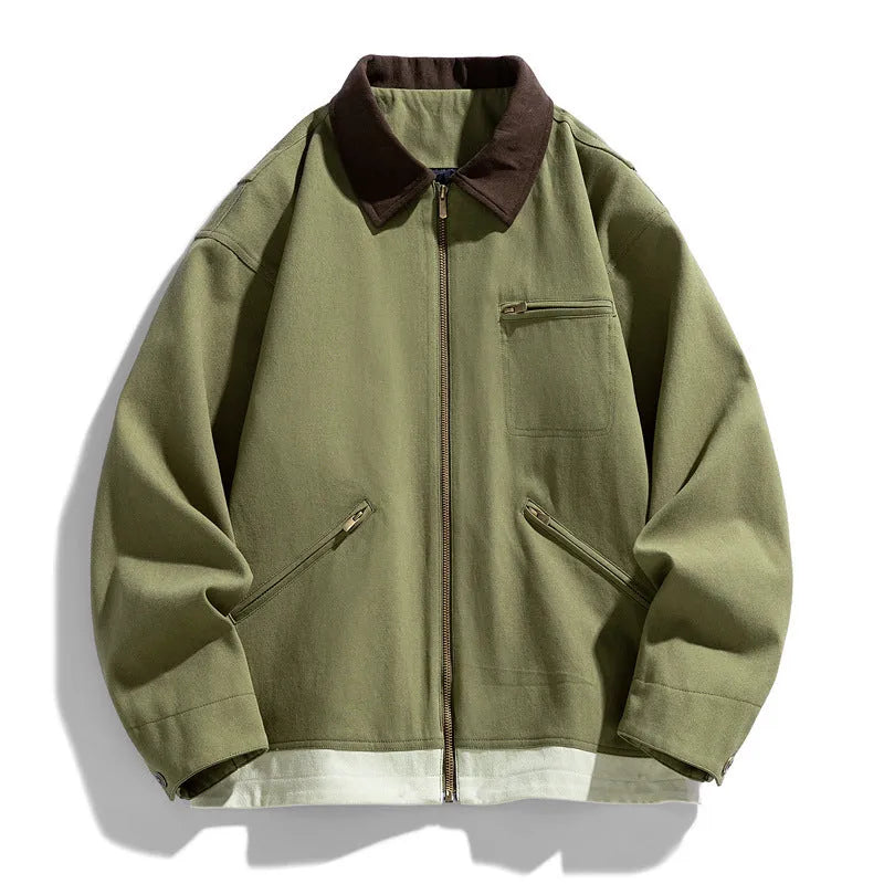 Mens loose fit retro workwear jacket with contrast lapels and side seam pockets
