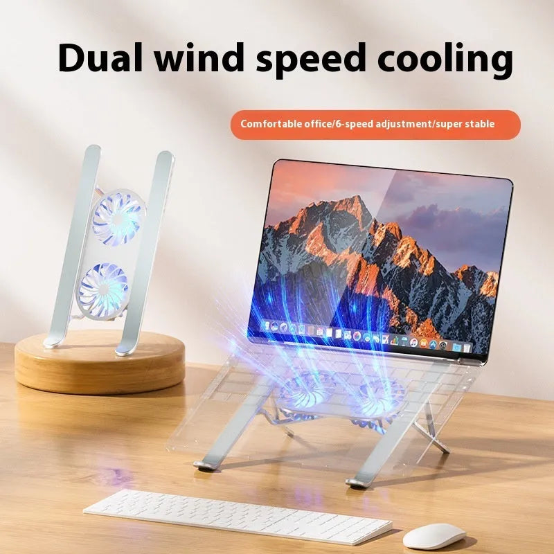 Silver aluminium alloy portable laptop cooling stand with twin fans and adjustable height in folded position