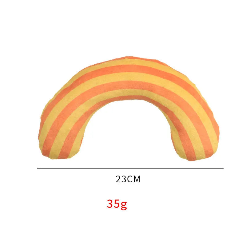 Striped pattern cat pillow toy in green, rainbow, or yellow, showing dimensions of 23cm by 20cm.