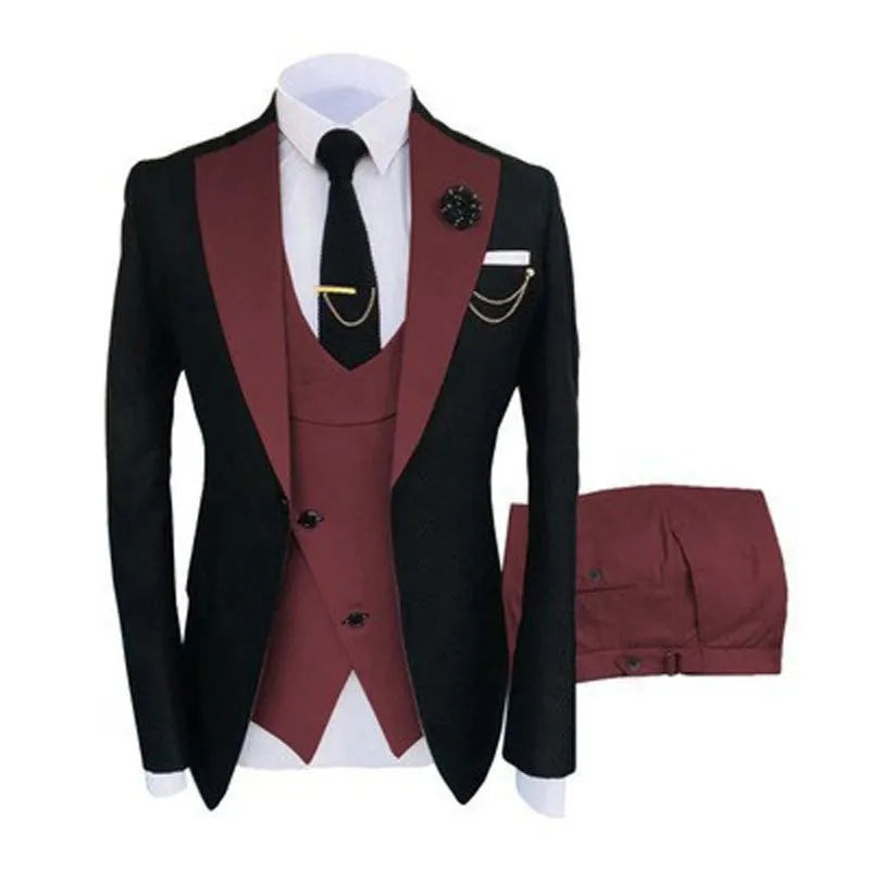 Men's slim fit cotton business suit with coat, vest and trousers in black colour combination