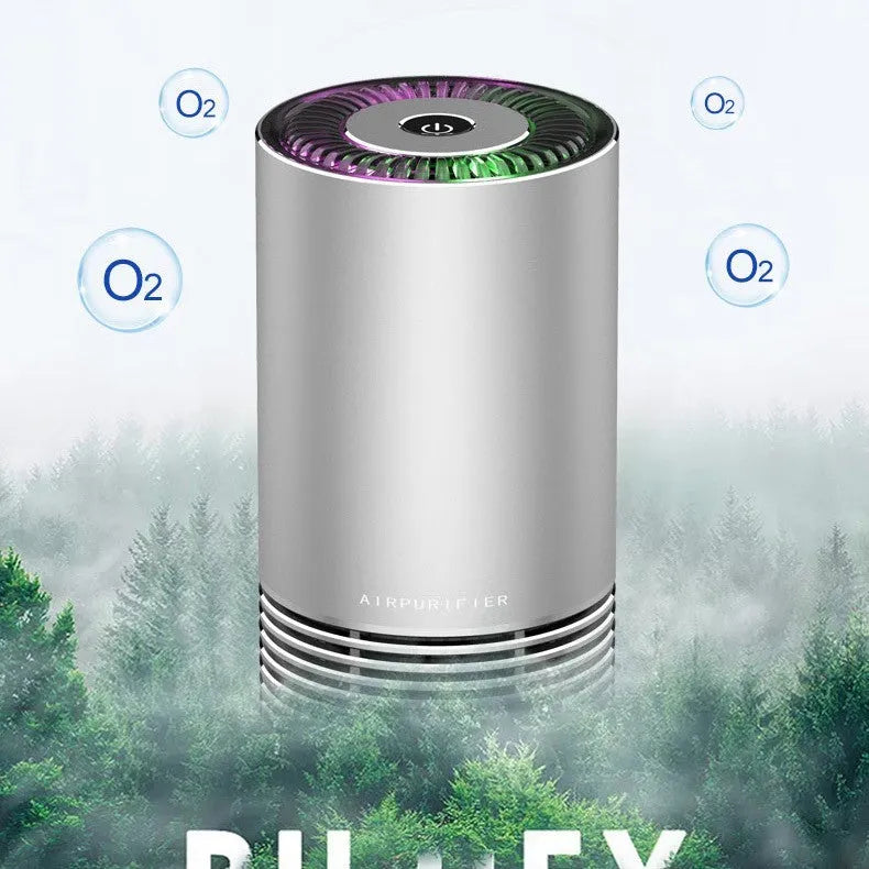 Compact car indoor wireless air purifier in aluminium alloy and ABS construction with negative ion generator