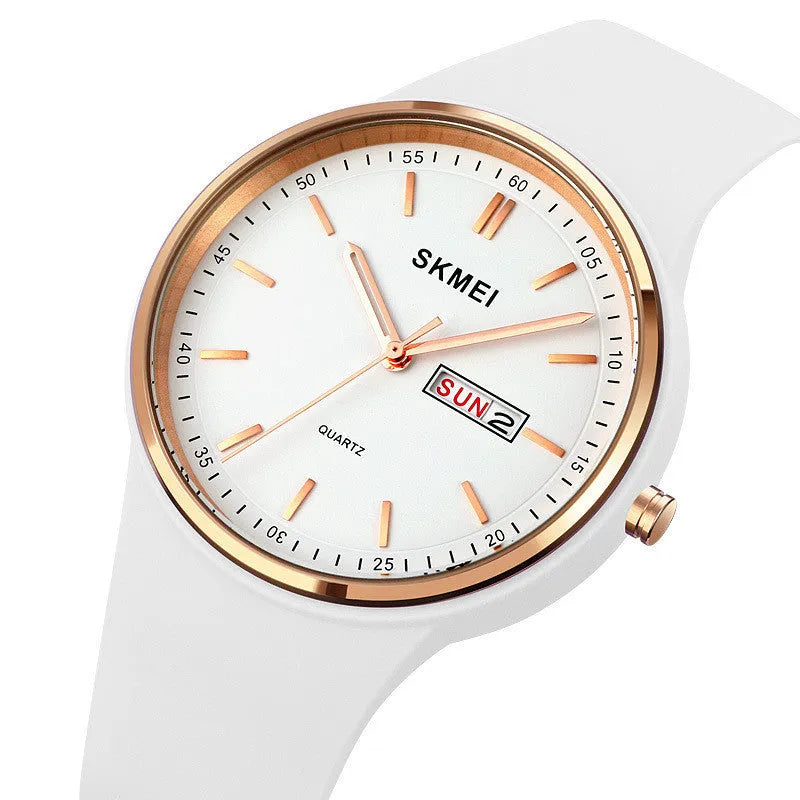 Women's quartz watch with silicone strap in multiple colours showing 42mm dial with calendar display
