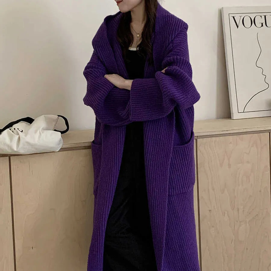 Women's loose hooded acrylic cardigan coat in beige colour with 80cm length