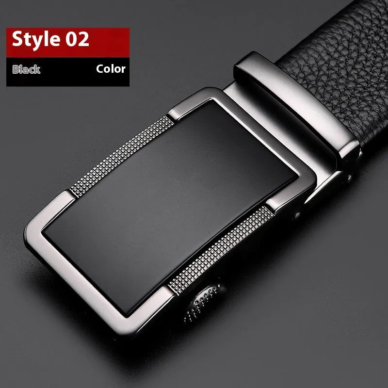 Men's automatic buckle leather belt showing comfort click fastening mechanism and electroplated surface