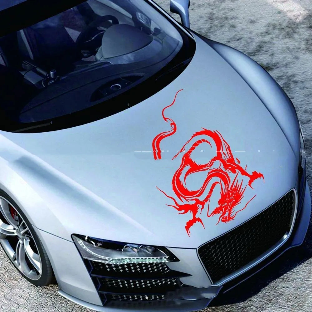 Black dragon design car body sticker measuring 50 by 36 centimetres on a vehicle front end.