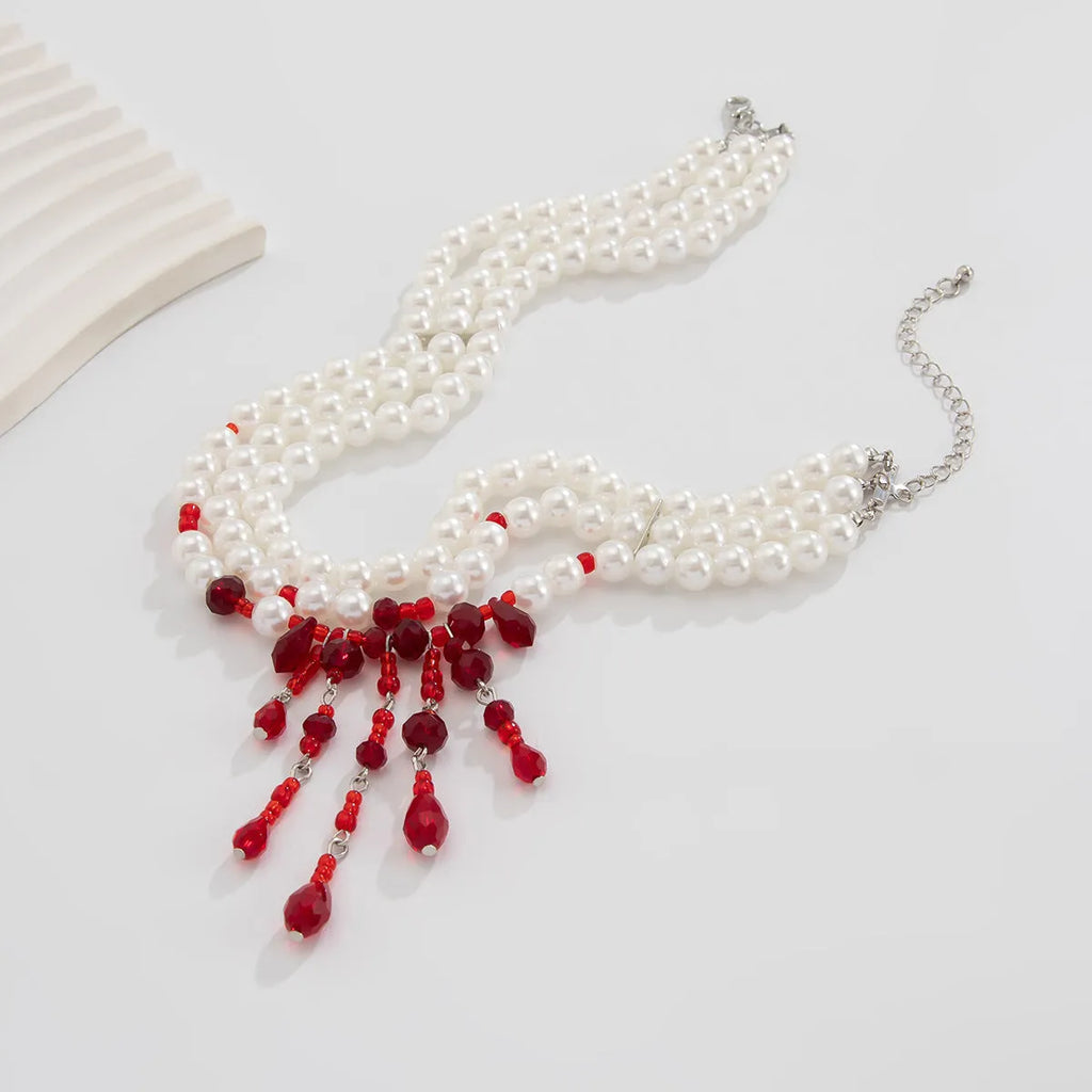 Men's Halloween blood drop crystal pearl necklace with geometric design and adjustable chain
