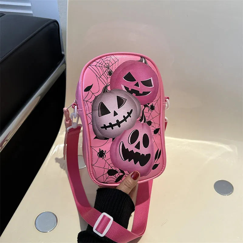 Halloween graffiti phone bag with pumpkin ghost bat cartoon print, black colour, crossbody strap.