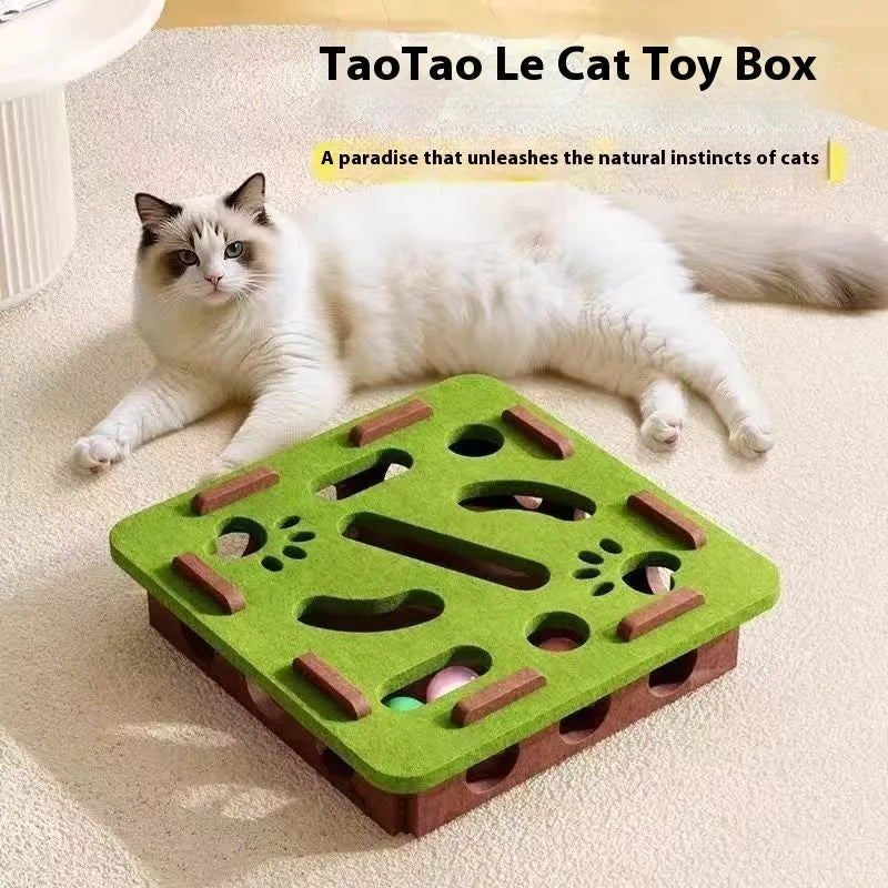 Green brown felt cat scratching toy box with internal maze holes measuring 30cm
