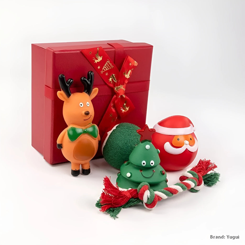 Christmas dog chew toys vinyl gift sets with festive designs including trees, Santa heads, tennis balls and bite ropes