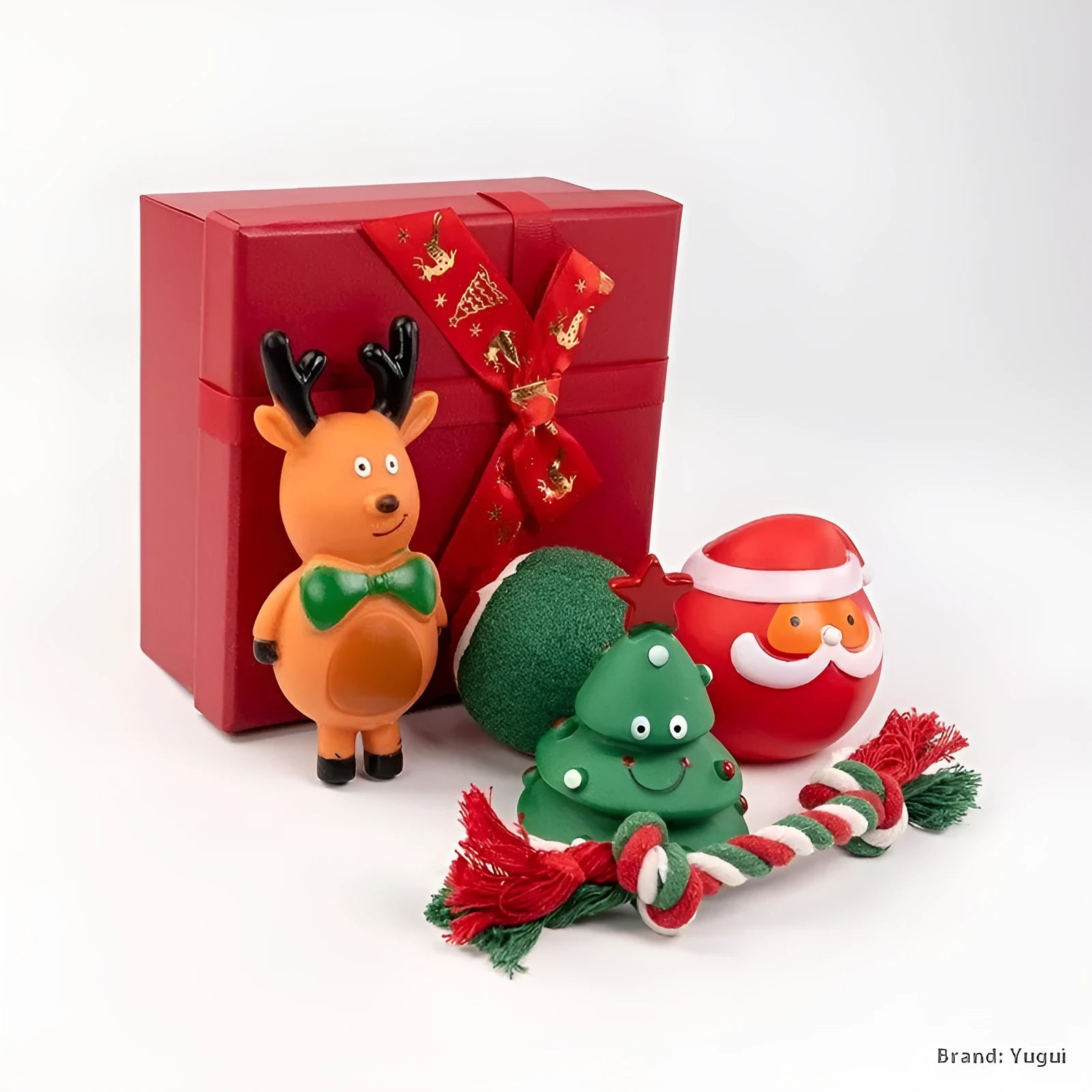 Christmas dog chew toys vinyl gift sets with festive designs including trees, Santa heads, tennis balls and bite ropes