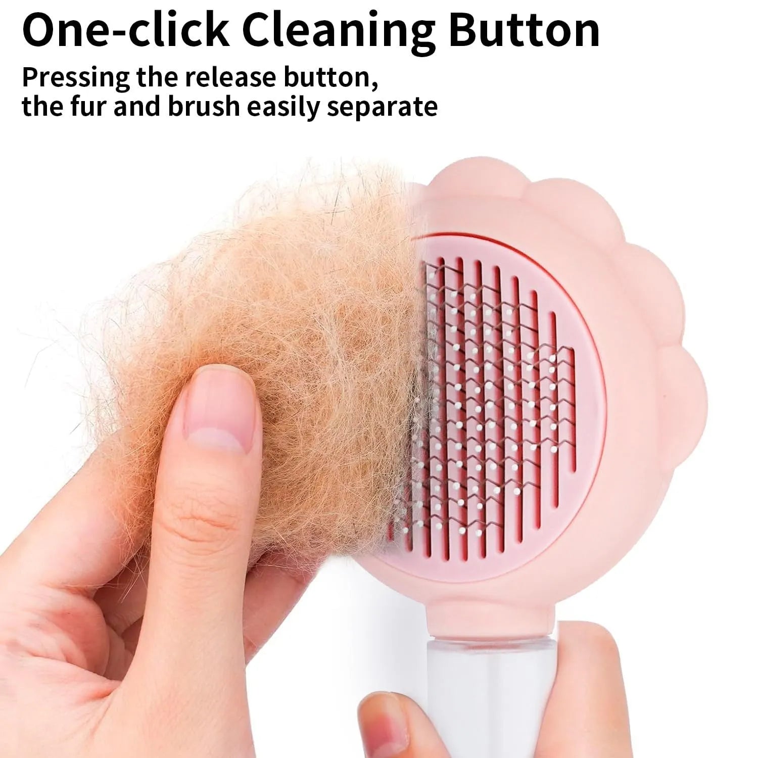 Grey spray grooming brush for cats with a self-cleaning button and curved stainless steel bristles.