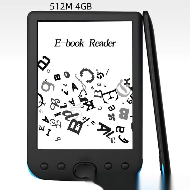 Black 6-inch E-ink screen e-book reader held in a hand, showing a page of text.