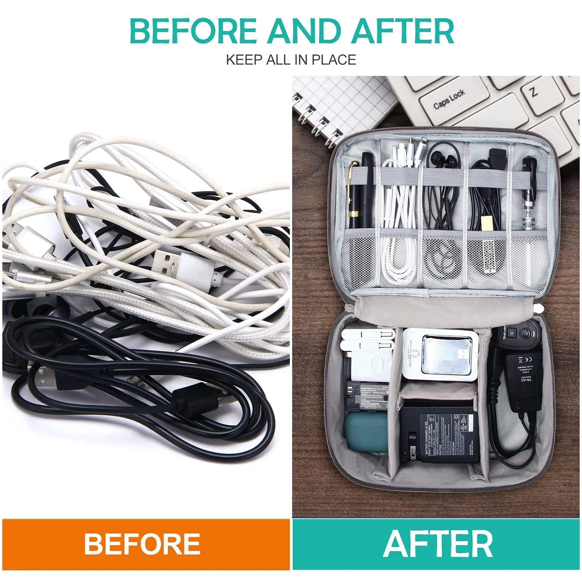 Black waterproof cable organizer bag open, showing removable dividers and mesh pockets for electronics.