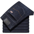 High-elasticity straight-leg denim jeans in black and blue colours showing business casual styling