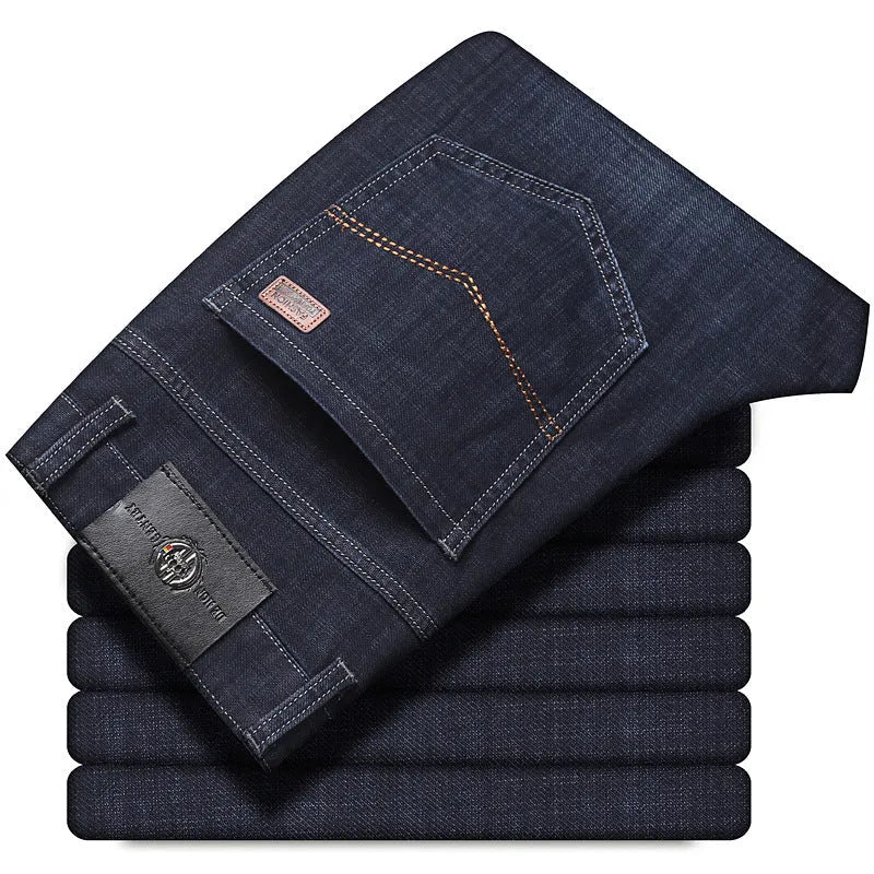 High-elasticity straight-leg denim jeans in black and blue colours showing business casual styling