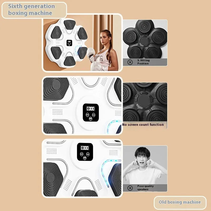 Smart electronic boxing wall target with scoring display and focus gloves for home training.