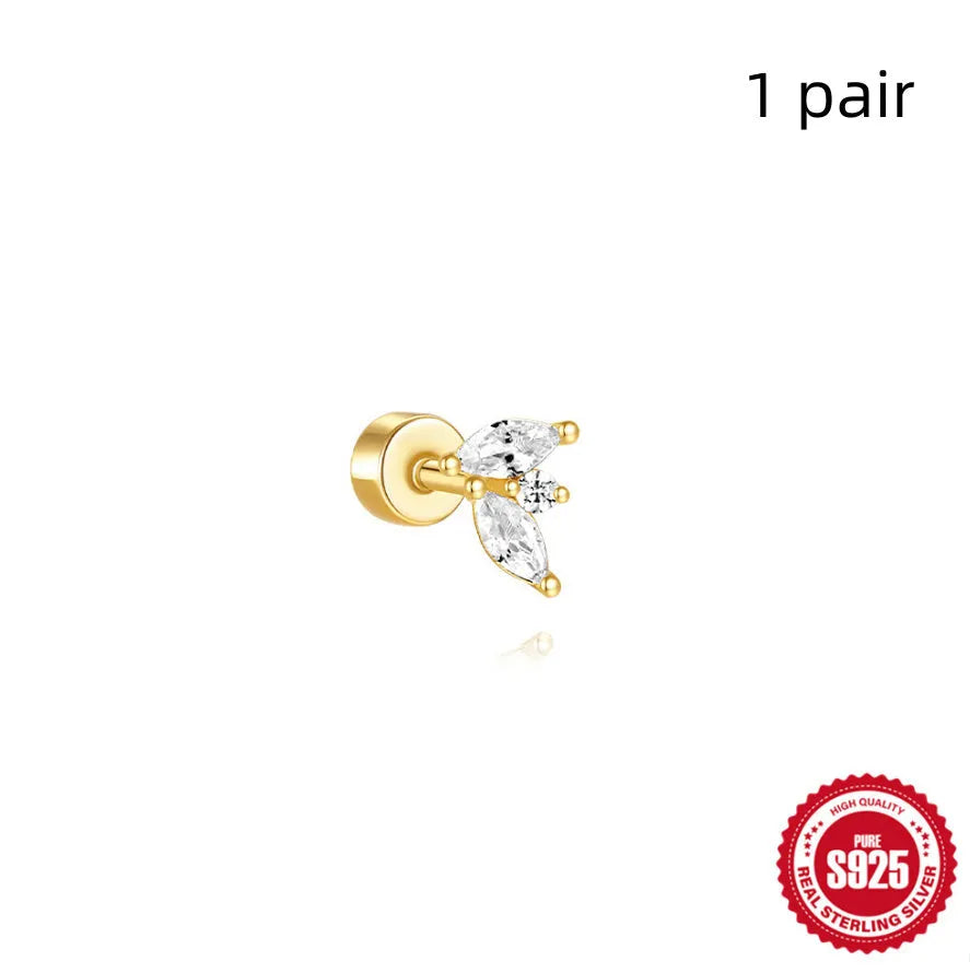S925 sterling silver flat column geometric ear bone stud with threaded post in a gold colour finish.