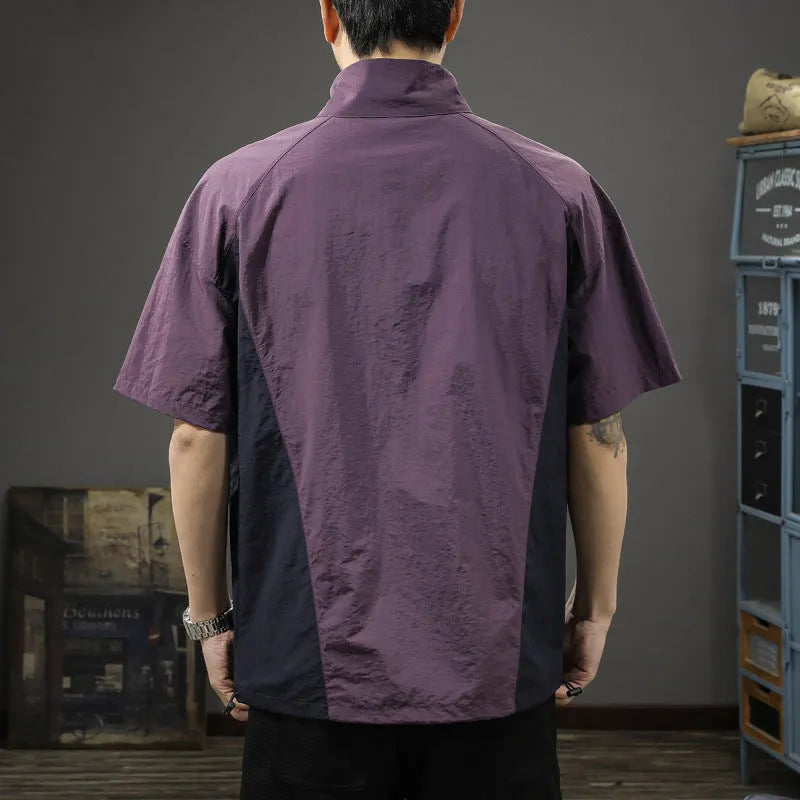 Men's brown half zip stand collar short sleeve shirt in fleece-lined Ice Silk fabric