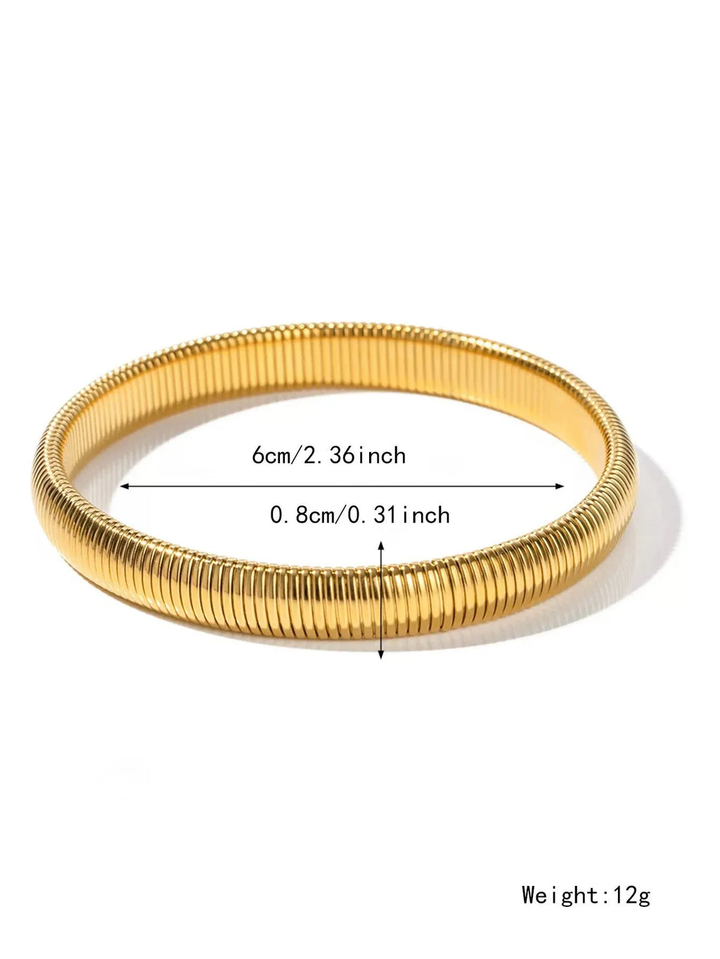 Women's gold titanium steel elastic bracelet with vertical stripe ring pattern, shown at an angle.